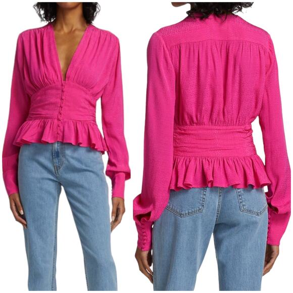 Rotate Birger Christensen NWT Tracy Peplum Top Size 4 Barbie Pink Ruched V-Neck - Picture 1 of 16